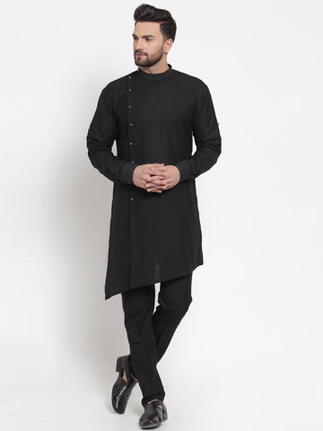 Designer Black Kurta With Aligarh Pajama Set in Linen For Men by Luxury at Less