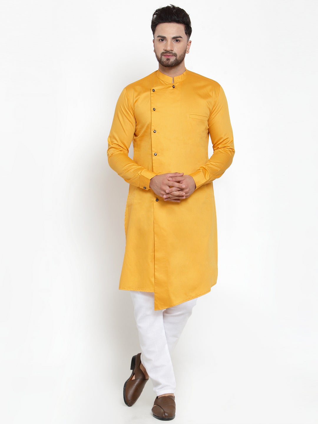 Designer Mustard Yellow Kurta With Churidar Pajama Set