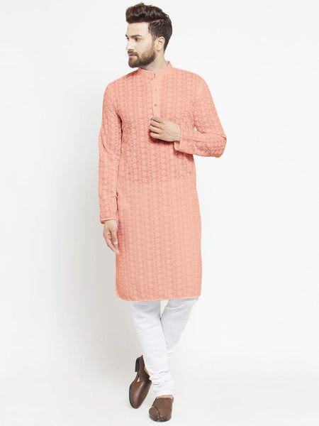 Salmon Pink Chikankari Lucknowi Jaal Embroidered Kurta with Churidar Pajama For Men by Luxury at Less