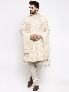 Men's White Embroidered Kurta Pajama Set, With  Jacket, and Scarf by Luxury at Less