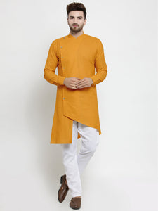 Designer Mustard Yellow Linen Kurta With White Aligarh Pyjama For Men By Luxury at Less