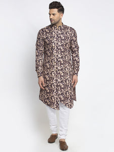 Designer Cotton Brown Block Printed Kurta With Churidar Pajama Set For Men By Luxury at Less