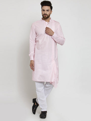 Pink Kurta With Aligarh Pajama  Set in Linen For Men by Luxury at Less