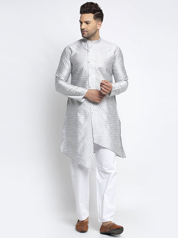 Embellished Brocade Light Grey Kurta With Aligarh Pajama Set For Men By Luxury at Less