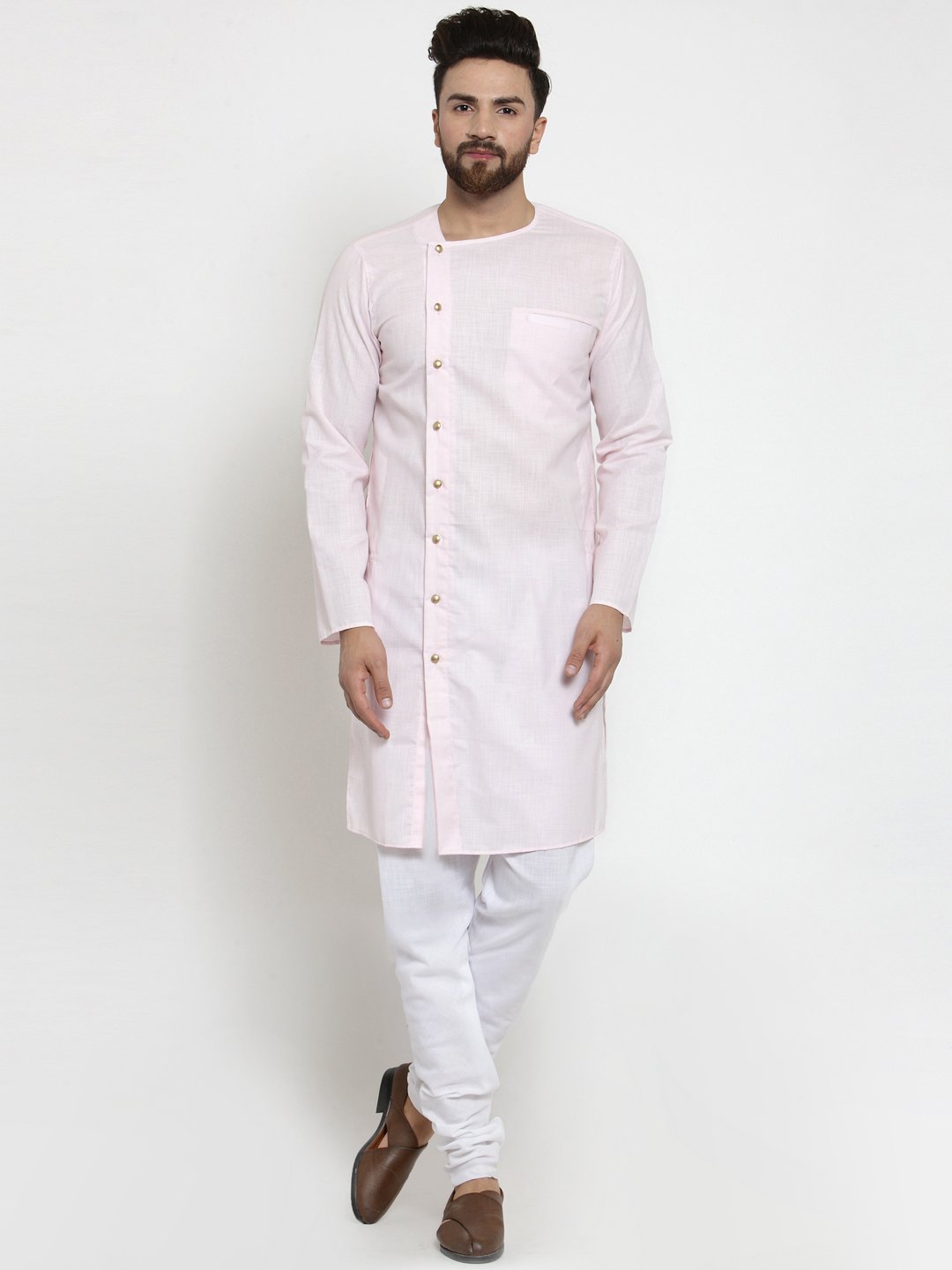 Pink Kurta With Churidar Pajama Set in Linen For Men by Luxury at Less