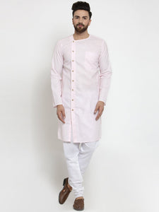 Pink Kurta With Churidar Pajama Set in Linen For Men by Luxury at Less