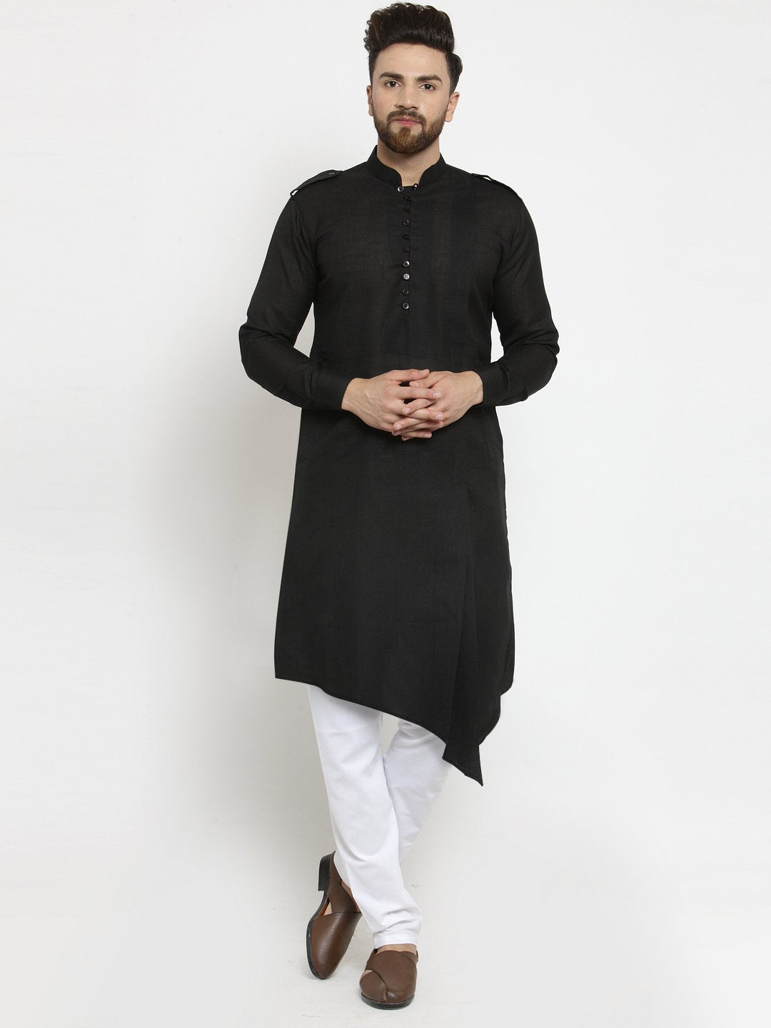 Black Kurta With Churidar Pajama in Linen For Men by Luxury at Less