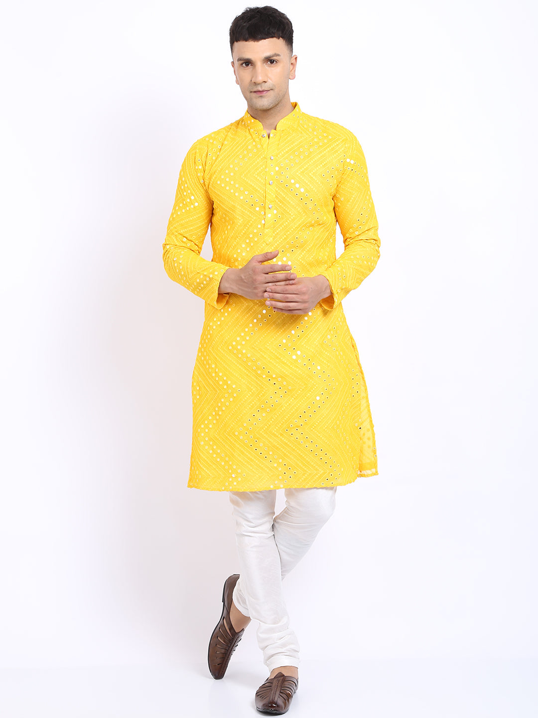 Yellow Georgette Mirror Work Embroidered Kurta with Churidar Pajama by Luxury at Less