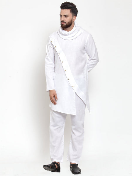 White Kurta With Aligarh Pajama in Linen For Men by Luxury at Less