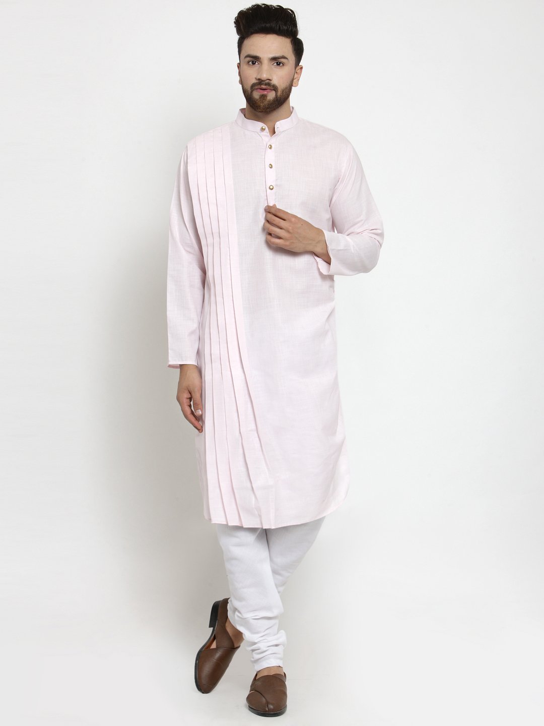 Designer Pink Linen Kurta With Churidar Pajama For Men By Luxury at Less