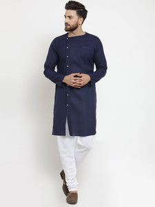 Navy Blue Kurta With Churidar Pajama Set in Linen For Men by Luxury at Less