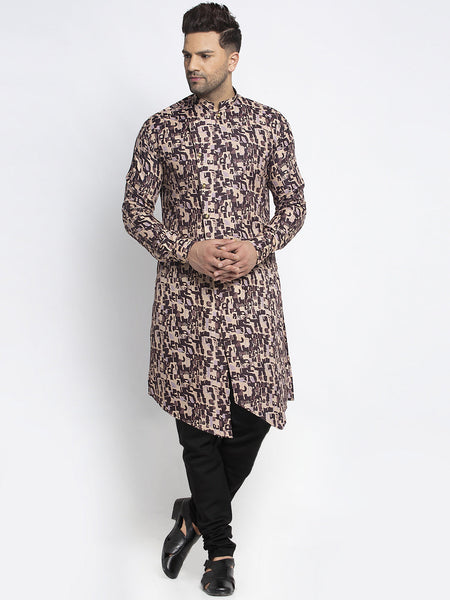 Designer Cotton Brown Block Printed Kurta With Churidar Pajama Set For Men By Luxury at Less