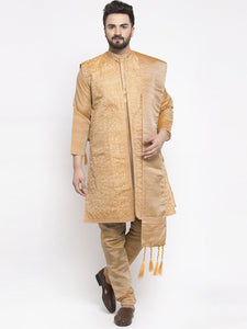 Men's Gold Embroidered Kurta Pajama Set With,Jacket, and Scarf by Luxury at Less