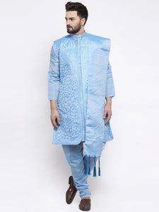 Men's Blue Embroidered Kurta Pajama, Set With Jacket, and Scarf  by Luxury at Less