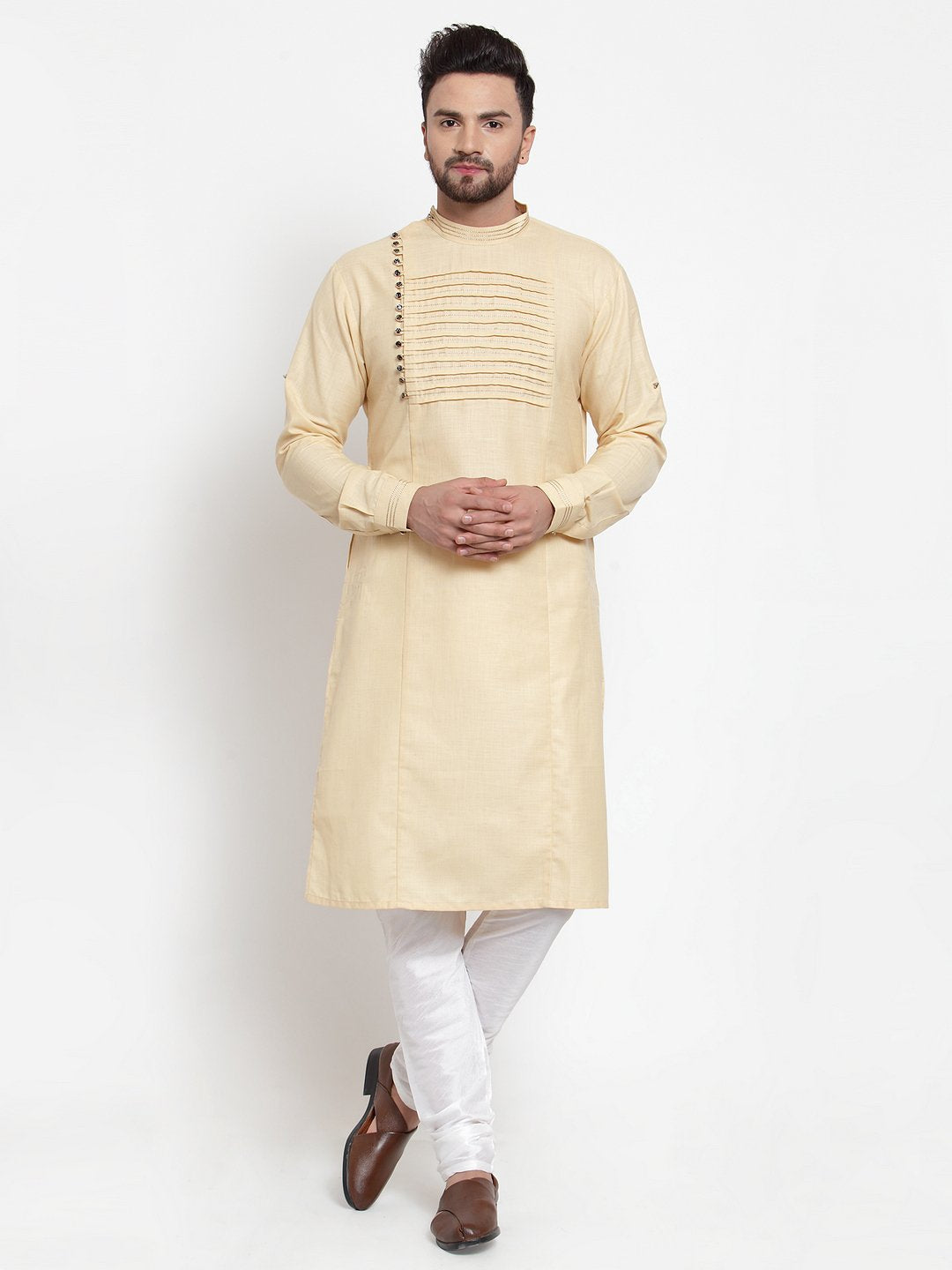 Designer Beige Kurta With Churidar Pajama Set in Linen for men by Luxury at Less