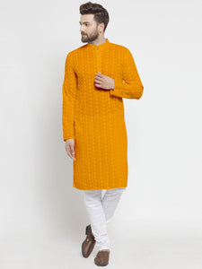 Mustard Yellow Cotton Chikankari Lucknowi Jaal Embroidered Kurta with Churidar Pajama For Men by Luxury at Less