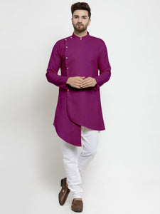 Designer Purple Linen Kurta With White Churidar Pyjama For Men By Luxury at Less