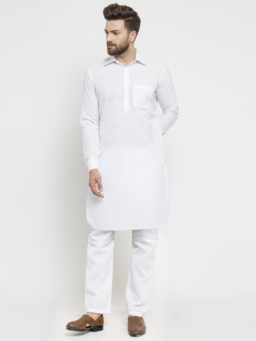 Designer White Pathani Lenin Kurta With Aligarh Pajama By Luxury at Less