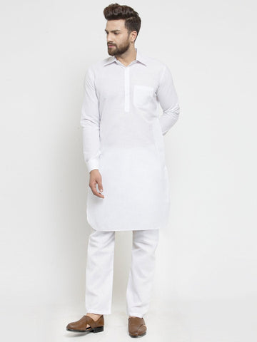 Designer White Pathani Lenin Kurta With Aligarh Pajama By Luxury at Less