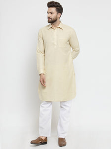 Designer Beige Pathani Lenin Kurta with White Aligarh Pajama by Luxury at Less