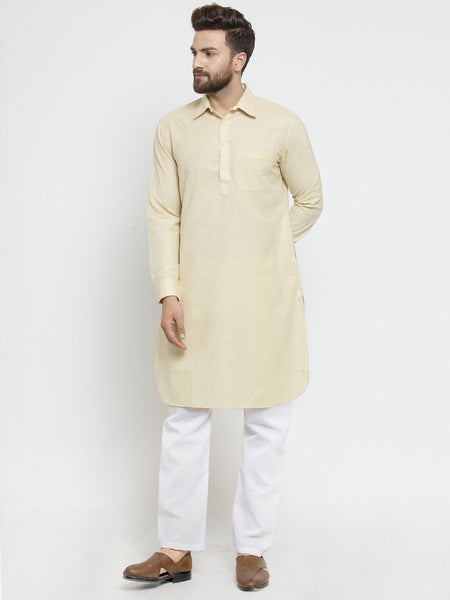 Designer Beige Pathani Lenin Kurta with White Aligarh Pajama by Luxury at Less