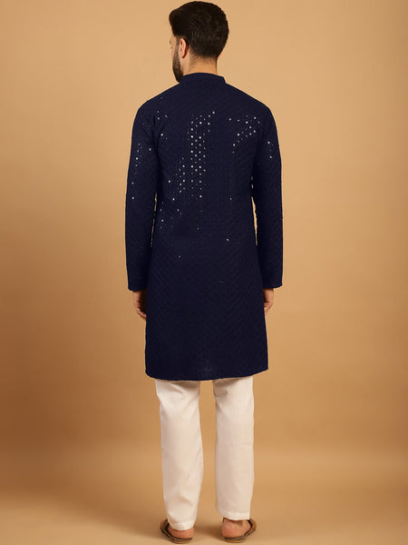 Embellished Sequinned Chikankari Embroidered Navy Blue Kurta Pajama Set by Luxury at Less