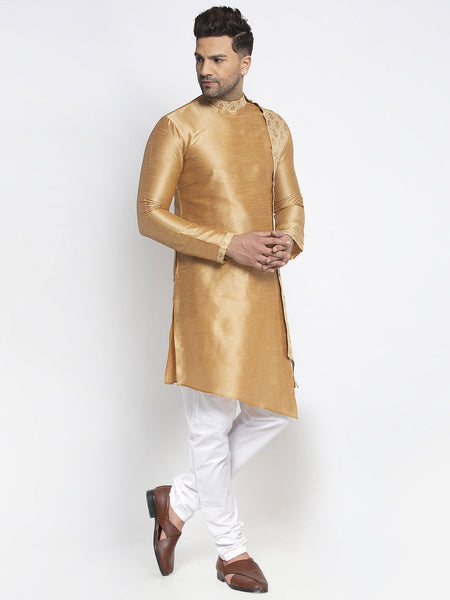 Embellished Brocade Golden Kurta With Churidar Pajama Set For Men By Luxury at Less