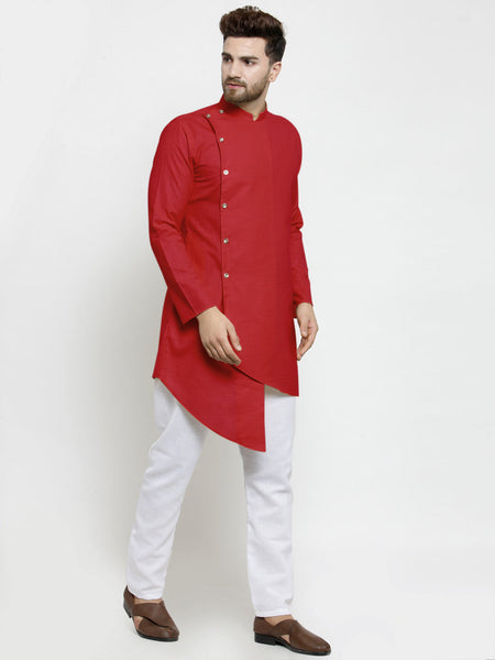 Designer Red Linen Kurta With White Aligarh Pajama For Men By Luxury at Less