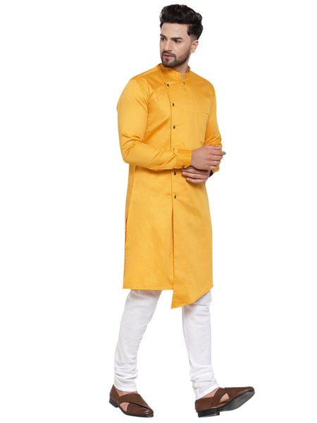 Designer Mustard Yellow Kurta With Churidar Pajama Set For Men By Luxury at Less