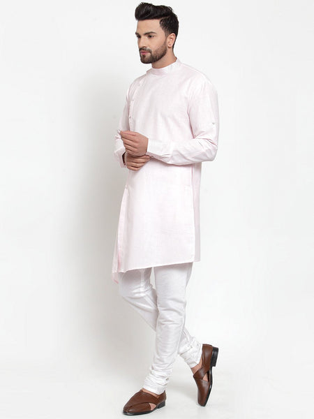 Designer Pink Kurta With Churidar Pajama Set in Linen For Men by Luxury at Less