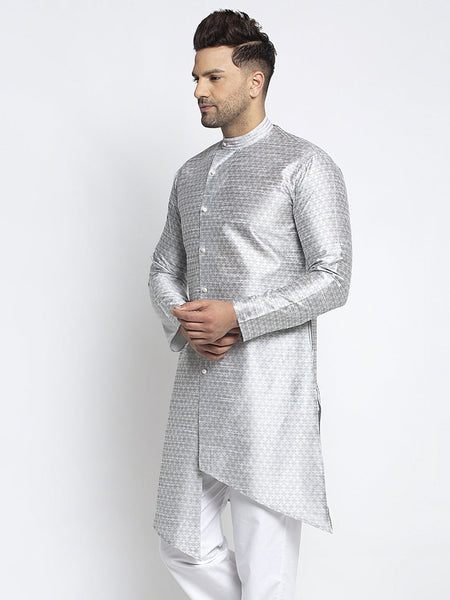 Designer Embellished Brocade Light Grey Kurta For Men By Luxury at Less