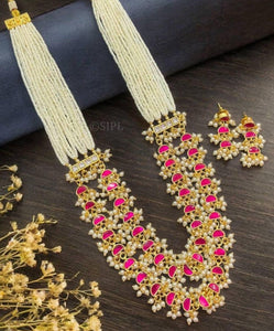 Gold Plated Traditional Kundan & Pearl Studded  Long Chain Set