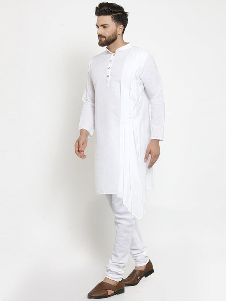 White Kurta With Churidar Pajama Set in Linen For Men by Luxury at Less