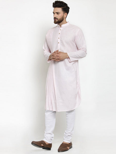 Designer Pink Linen Kurta With Churidar Pajama For Men By Luxury at Less