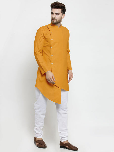 Designer Mustard Yellow Linen Kurta With White Churidar Pajama For Men By Luxury at Less