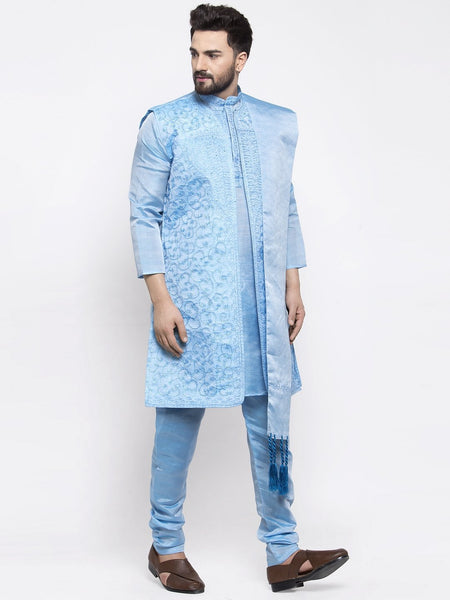 Men's Blue Embroidered Kurta Pajama, Set With Jacket, and Scarf  by Luxury at Less