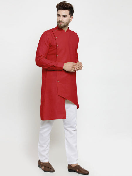 Designer Red Linen Kurta With White Aligarh Pajama For Men By Luxury at Less