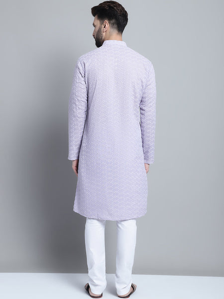 Lavender Chikankari Embroidery Cotton Kurta Pajama Set by Luxury at Less