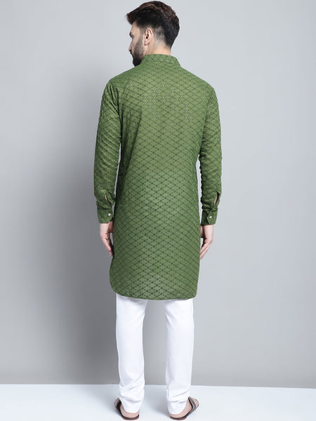 Embroidered Cotton Chikankari Green Pathani Kurta Pajama Set by Luxury at Less