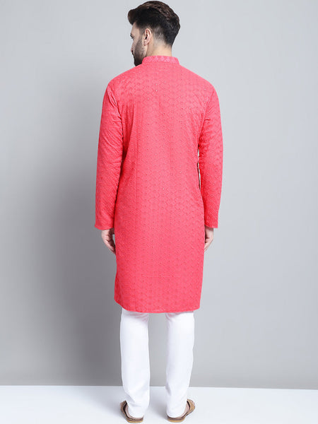 Carrot Red Chikankari Embroidery Cotton Kurta Pajama by Luxury at Less