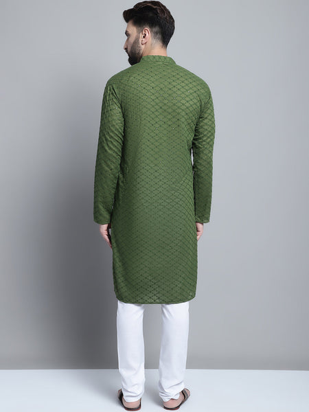 Green Chikankari Embroidery Cotton Kurta Pajama Set by Luxury at Less