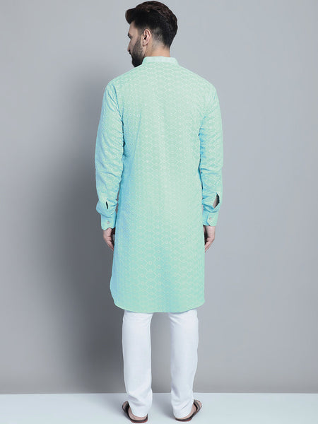 Sky Blue Chikankari Embroidery Cotton Kurta Pajama Set by Luxury at Less