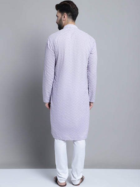 Lavender Chikankari Embroidery Cotton Kurta Pajama by Luxury at Less