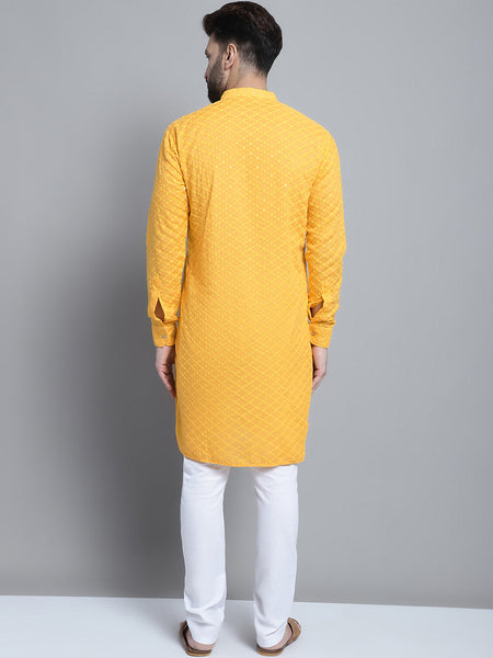 Yellow Chikankari Embroidery Cotton Kurta Pajama Set by Luxury at Less