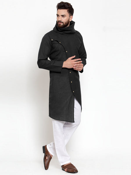 Black Kurta With Aligarh Pajama Set in Linen For Men by Luxury at Less