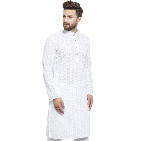 White Cotton Chikankari Lucknowi Jaal Embroidered Kurta By Luxury at Less