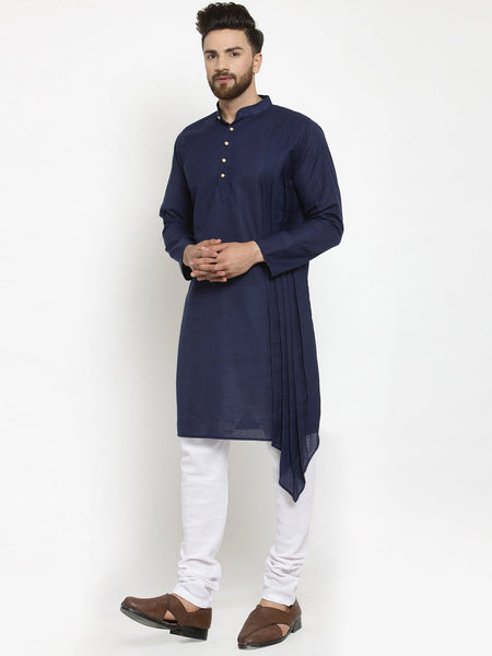 Navy Blue Kurta With Churidar Pajama Set in Linen For Men by Luxury at Less