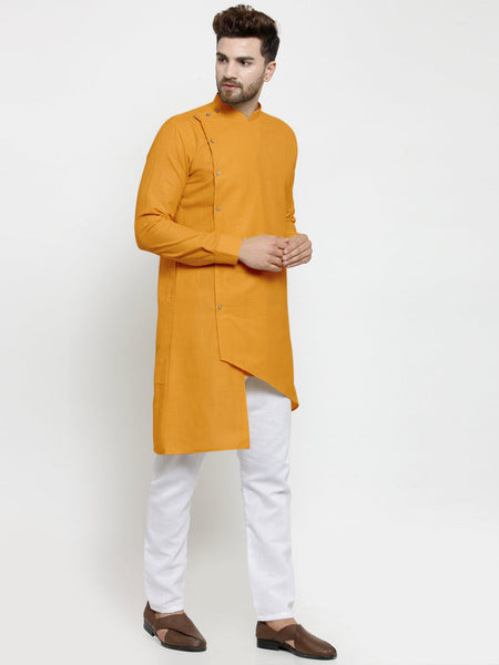 Designer Mustard Yellow Linen Kurta With White Aligarh Pyjama For Men By Luxury at Less