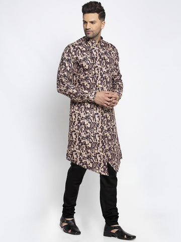 Designer Cotton Brown Block Printed Kurta With Churidar Pajama Set For Men By Luxury at Less