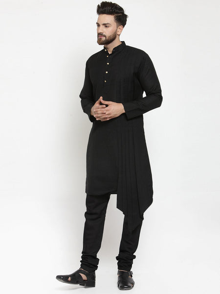 Black Kurta With Churidar Pajama Set in Linen For Men by Luxury at Less